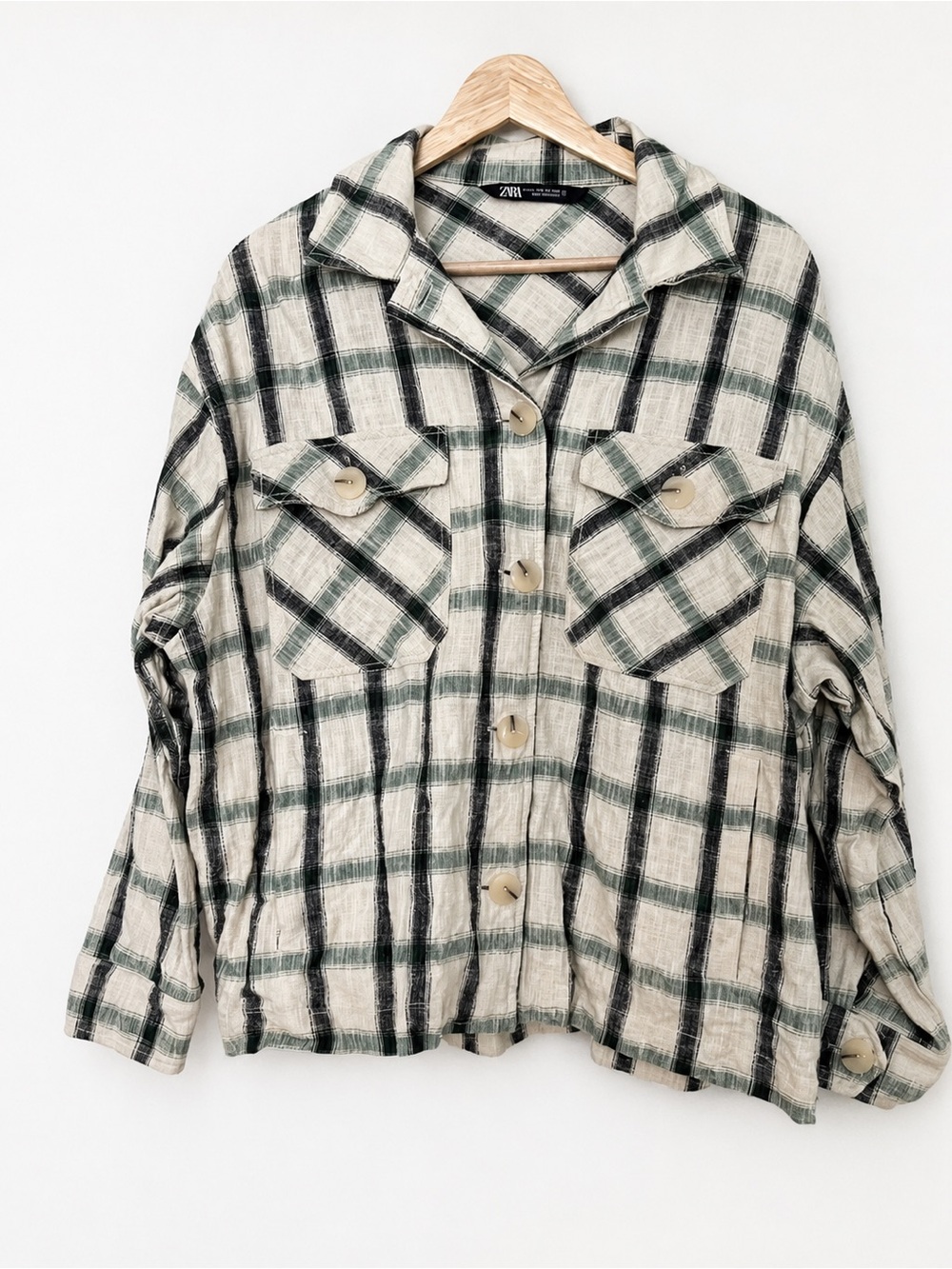 ZARA Cream & Dark Green Plaid Utility Shacket Jacket
